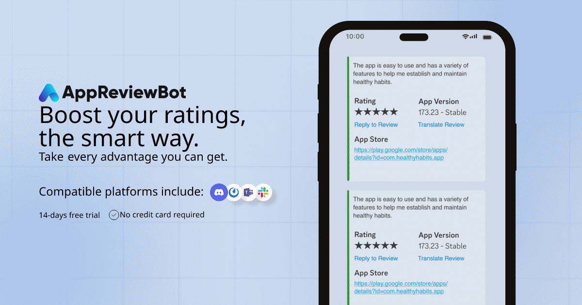 AppReviewBot homepage — app store and Google Play review monitoring with instant Slack and Microsoft Teams alerts
