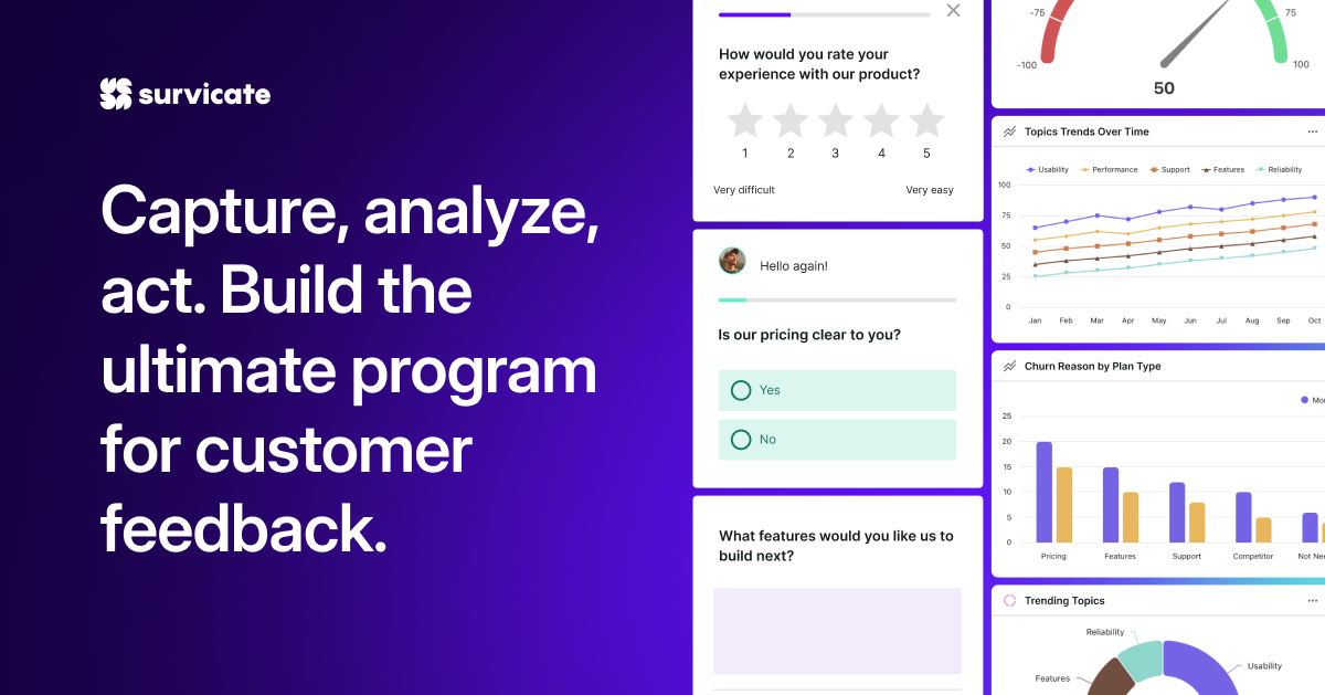Survicate homepage — customer feedback platform with in-app surveys, NPS, and behavioral targeting