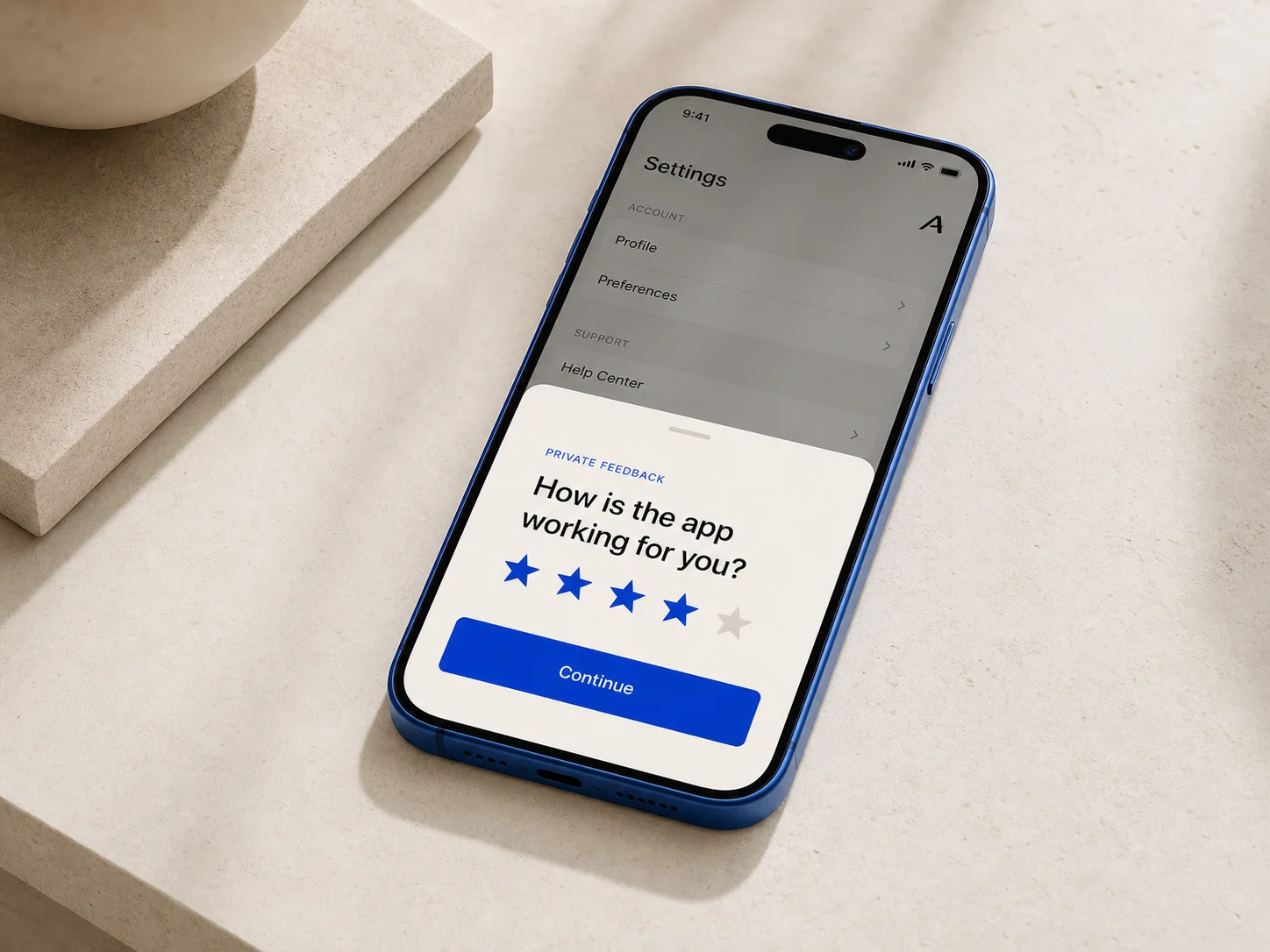 Private feedback form opened from an app settings screen