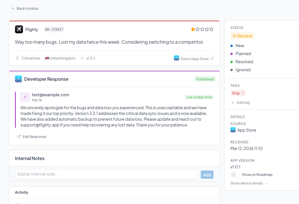 Responding to an App Store review in AppTriage