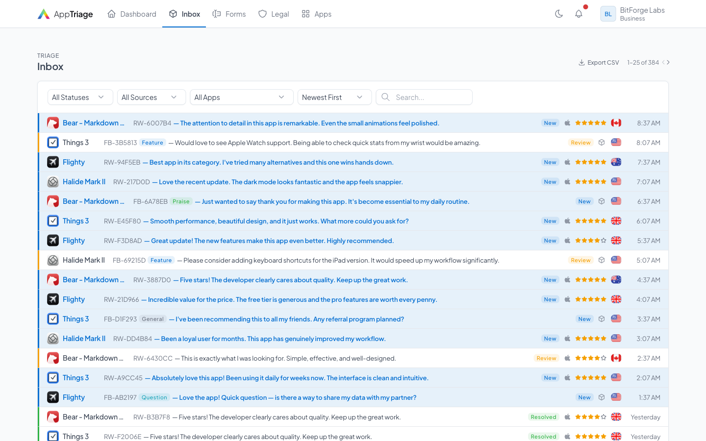 AppTriage inbox with filters, status badges, ratings, and country flags