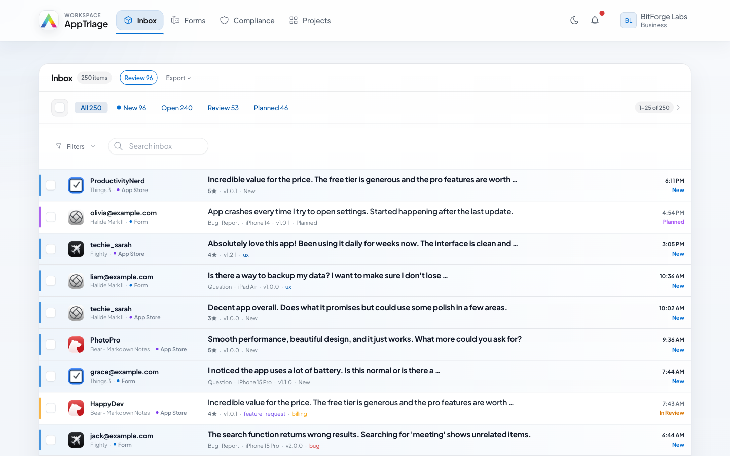 AppTriage inbox showing imported App Store reviews in a triage workflow