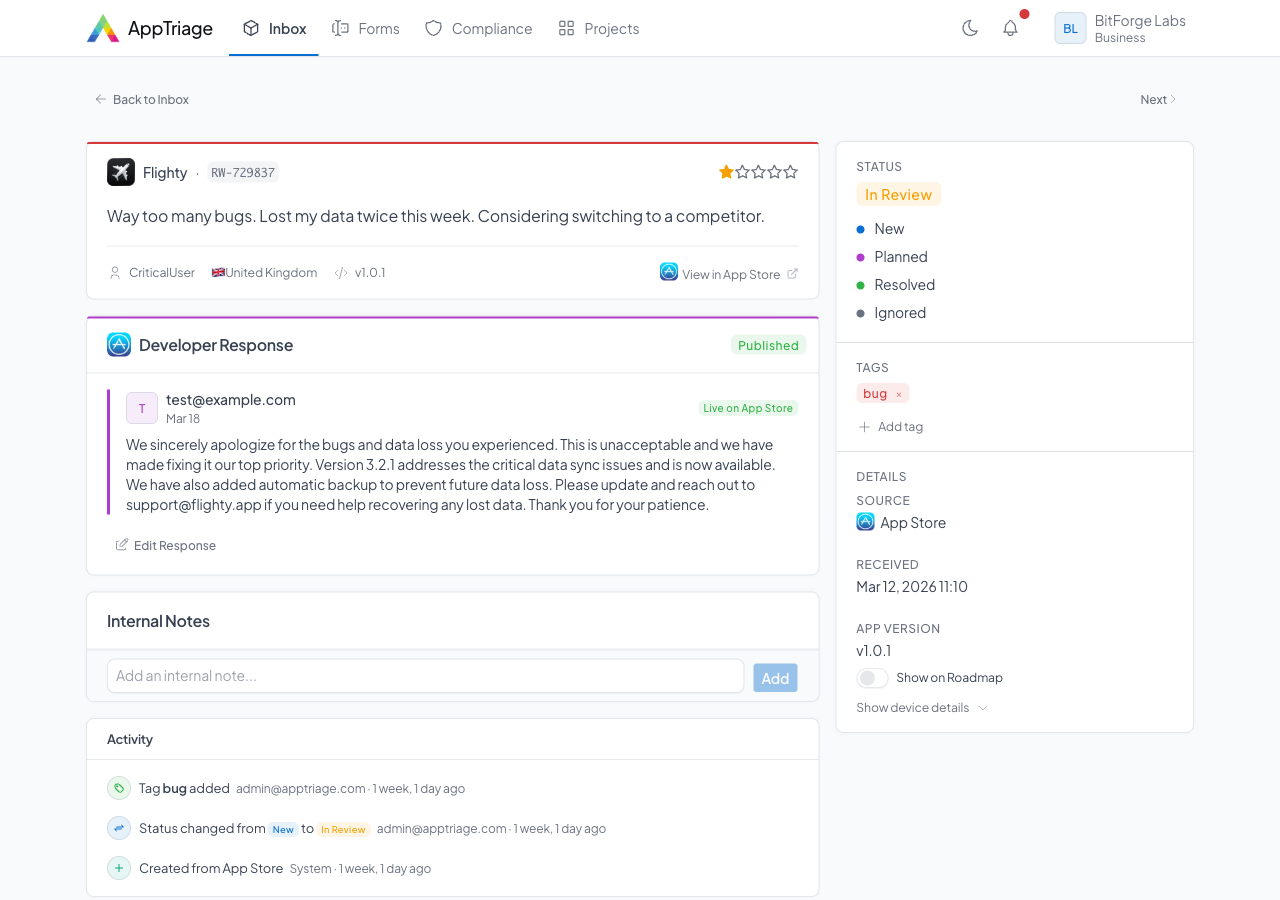 Published store response