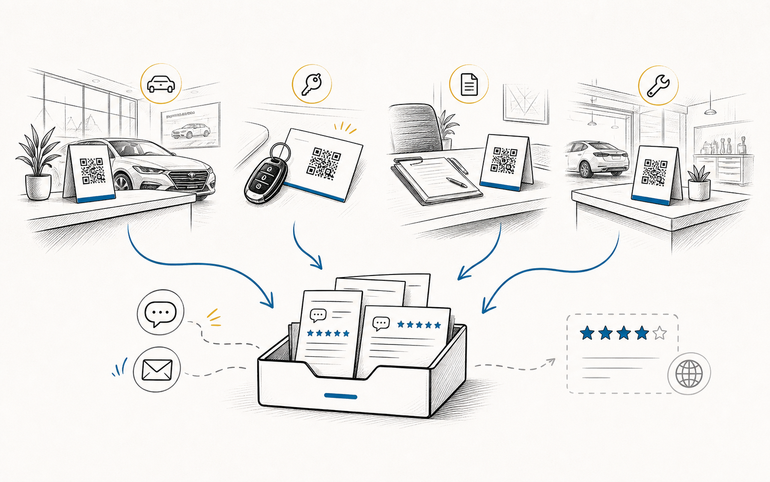 Dealership showroom, key handoff, finance, and service QR feedback points flowing into a manager inbox